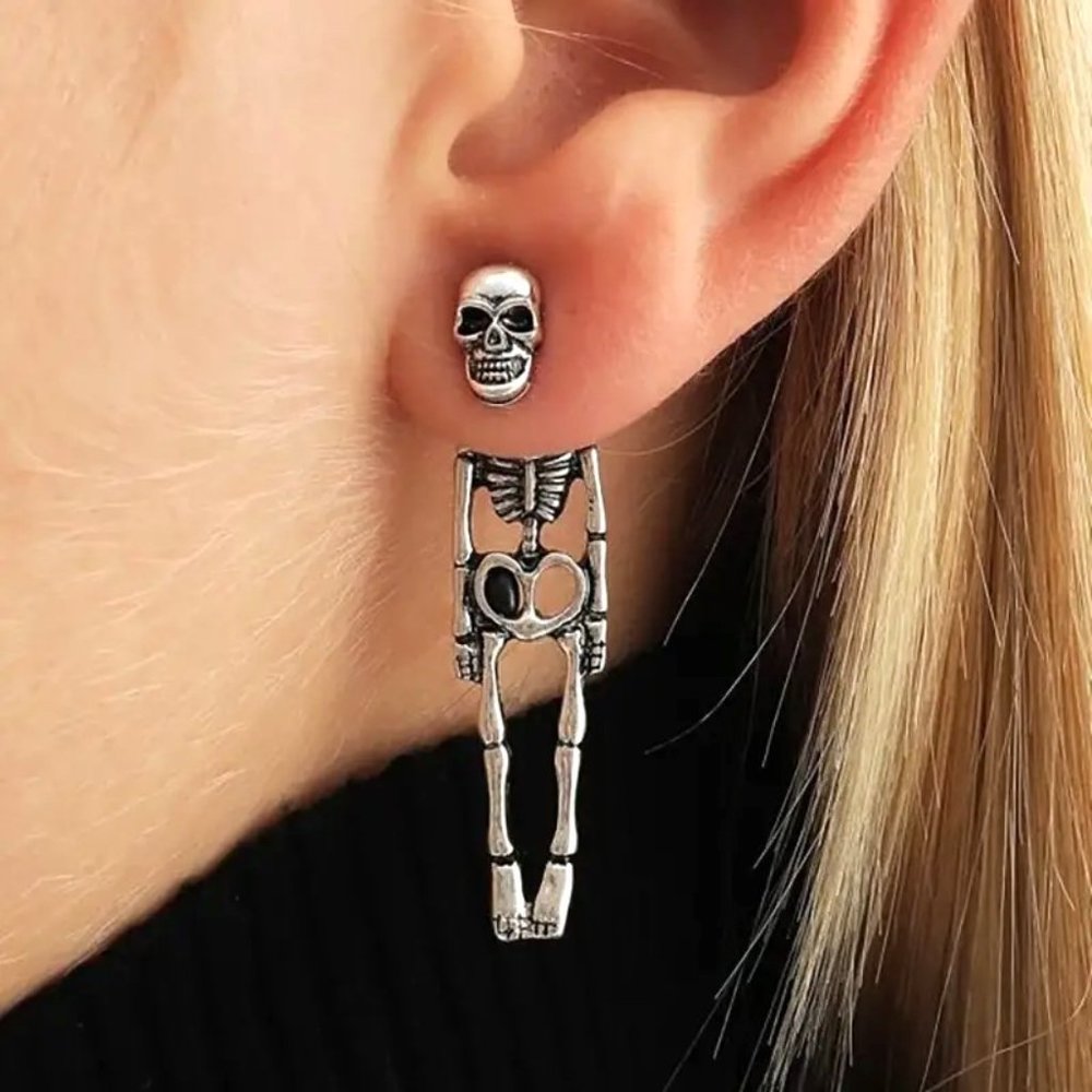 Skeleton Earrings Dangle Skull Silver Halloween Goth Rave Scene Emo Costume Fun